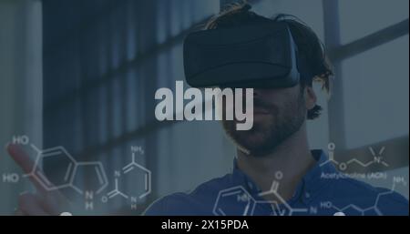 Image of data processing and chemical formula over diverse scientists Stock Photo