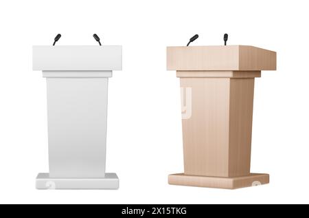 Wooden podium tribunes set isolated on white background. Vector realistic illustration of rostrum for debate, lecture, press conference, seminar speaker, presentation stage furniture with microphones Stock Vector