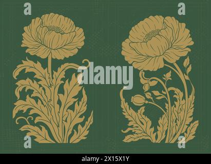 Frame with a peony in the style of Victorian Art Nouveau. Beautiful peony modern vintage floral composition 1920-1930 years. Stock Vector