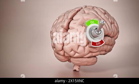Human brain with on-off button. 3D illustration. Stock Photo