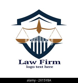 A law firm logo containing a shield with a scale and a courthouse inside Stock Vector