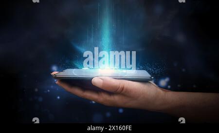 Cloud shape and download upload arrows on smartphone in hand. 3D illustration. Stock Photo