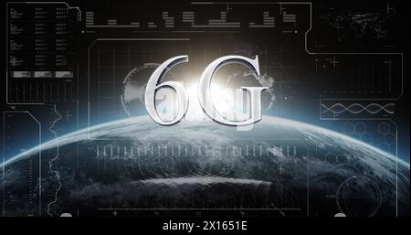 Image of data processing and 6g text over globe Stock Photo