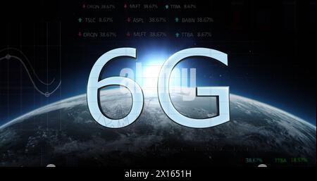 Image of data processing and 6g text over globe Stock Photo