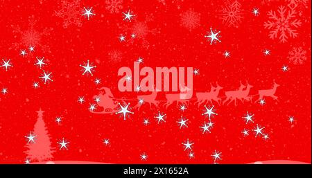 A white silhouette of santa claus in a sleigh being pulled by reindeers with fir trees on a red back Stock Photo