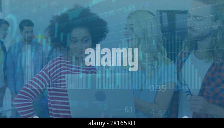 Image of statistical data processing over three diverse colleagues discussing over a laptop Stock Photo