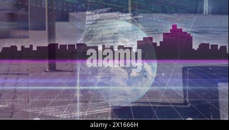 Image of globe with binary coding and networks of connections Stock Photo