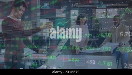 Image of financial data processing over business people in office Stock Photo