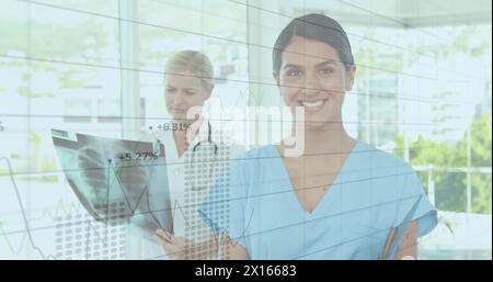 Image of statistics and financial data processing over female doctors Stock Photo