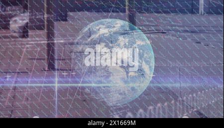 Image of globe, binary coding with networks of connections Stock Photo
