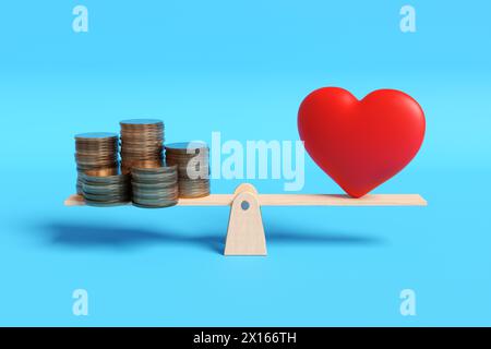 Stacks of gold coins and a red heart on each side of a wooden seesaw in blue background. Concept of selection between wealth and romantic love Stock Photo