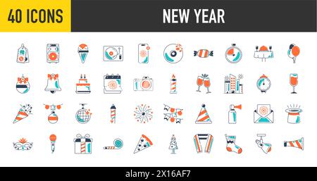 Happy new year icon set. Included icons as celebrate, celebration, dancing, music, christmas, congrats vector illustration Stock Vector