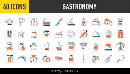 40 gastronomy universal icons set with Apple, Steak, Menu, Oyster, Fast food, Lemon, Coffee beans, Gin, Lime, Lemon vector illustration. Stock Vector