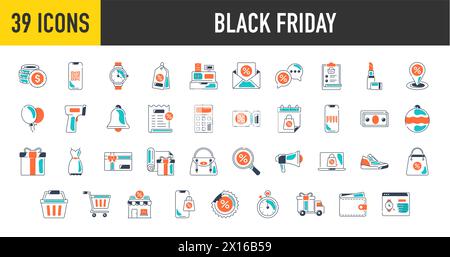 Black friday sale icons set. Shopping and e-commerce, cart, discount, gift, holidays sale, wallet, store and more vector icon illustration. Stock Vector