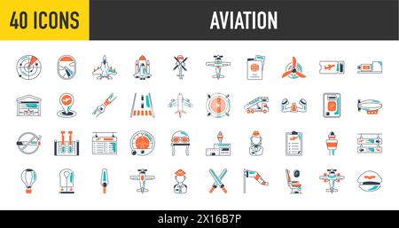 Set of airport icons. vector icon set such as takeoff, runway, air balloon, landing, monitors, aircraft. aviation vector illustration. Stock Vector