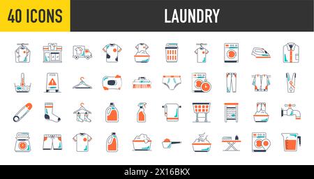 Vector set of laundry icons with of hand washing, dress, iron, washing powder for website and app Stock Vector