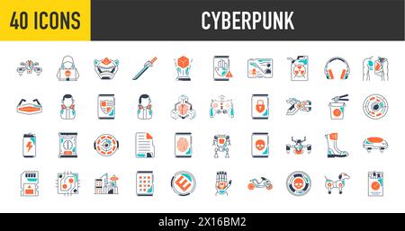 Cyber punk security icon set. Data protection symbol. Secured network icon collection. Technology concept. Vector illustration. Stock Vector