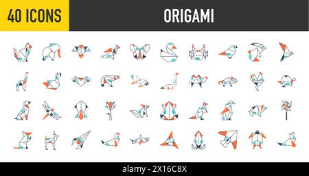 Origami Folded Paper Animals Shapes. Bird, Crane, Cat, Dog, Rhino, Fox, Mouse, Elephant. Flat Icon Illustration Set Collection Stock Vector