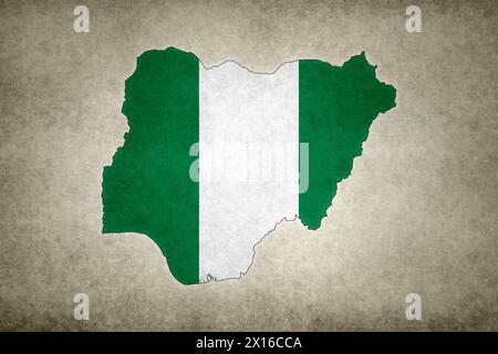 Grunge map of Nigeria with its flag printed within its border on an old paper. Stock Photo