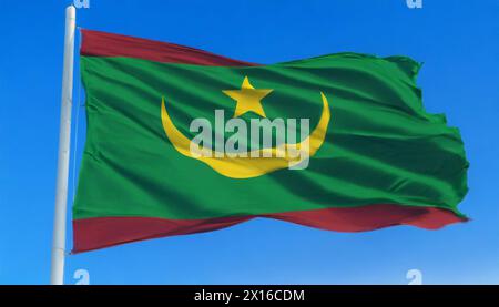 Die Fahne von Mauretanien, Mauritanien, flattert im Wind, isoliert gegen blauer Himmel Stock Photo