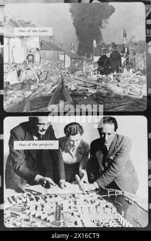 The Ministry of Information exhibition on post-war reconstruction shows two schoolboys in bomb-damaged rubble and town planners studying a model to rebuild part of London near Tower Bridge. Stock Photo