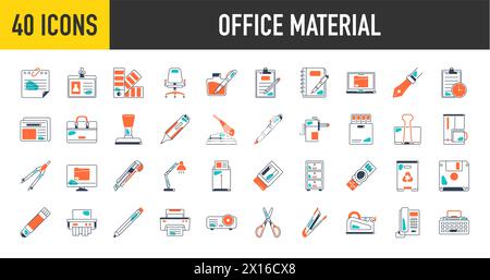 Office Material icons. glue, notebook, material, pen, scissors, stapler, ruler, eraser. Office tools and equipment vector set for education. Stock Vector