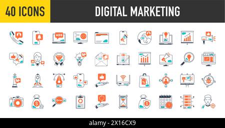 Digital marketing icon set. Containing seo, content, website, social media, sales and online advertising. Solid vector symbol collection. Stock Vector