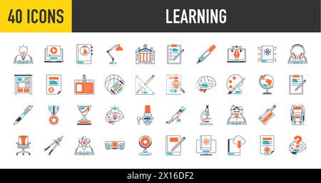 Learning set of web icons in solid style. Education icons for web and mobile app. E-learning, video tutorial, knowledge, study, school, university. Stock Vector