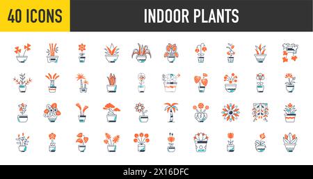 Decorative houseplants in pots. Indoor plants in flower pot, vases, basket for interior isolated on white background. Home greener. Vector icons. Stock Vector