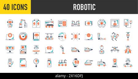 Robotic icons. Icon set with machine learning, brain, ai, head, machine, technology, AI and more. Stock Vector
