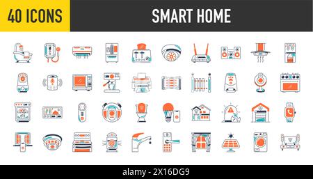 Collection of smart house icons. control of lighting, heating, air conditioning. Set of home automation and remote monitoring symbols drawn. Vector. Stock Vector