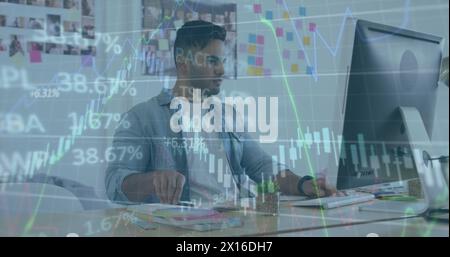 Image of mathematical binary coding processing over students using computers Stock Photo