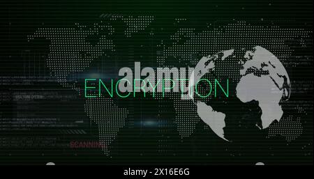 Image of encryption text, globe, world map, statistics and data processing Stock Photo