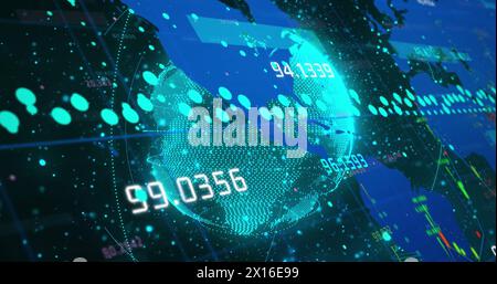Image of globe, world map, statistics and data processing Stock Photo