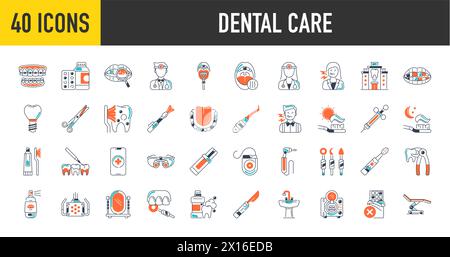 Dental care icons. Vector illustration include icon - implant, braces, dentist, toothache, aligners, veneers, tooth pictogram for stomatology clinic. Stock Vector