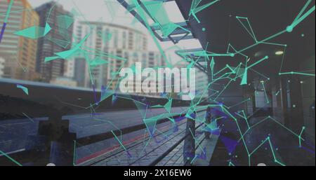 Image of connected dots and graphs over time-lapse of vehicles moving on street amidst buildings Stock Photo