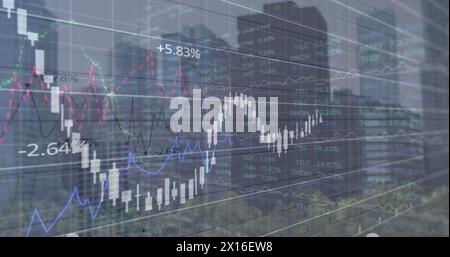 Image of multiple graphs and stock market data over low angle view of modern skyscrapers in city Stock Photo
