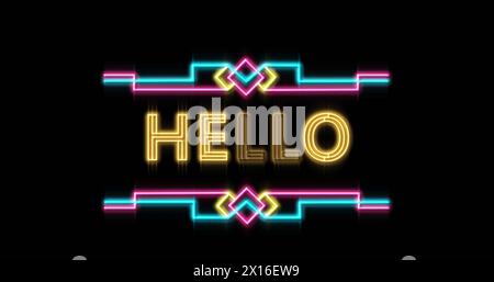 Image of hello text between illuminated abstract patterns against black background Stock Photo