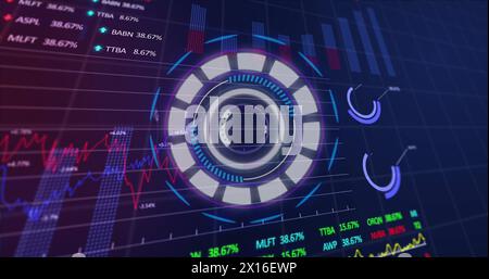 Image of round scanner spinning over statistical and stock market data processing Stock Photo