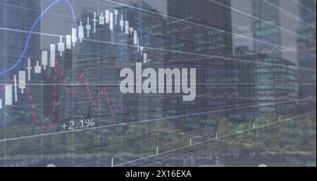 Image of multiple graphs and stock market data over low angle view of modern skyscrapers in city Stock Photo