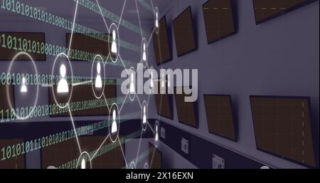 Image of network of icons with binary coding over television sets Stock Photo