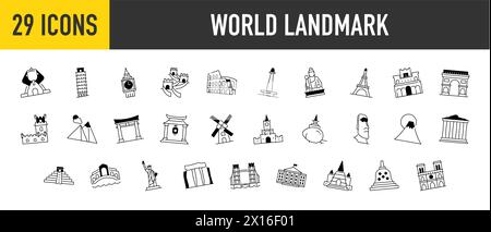 Set of world landmark icons. Such as china wall, historical places, buildings, and more vector illustration. Stock Vector