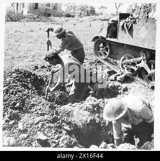 ITALY : EIGHTH ARMY - All along the front, this operation is going on - men of the Queen's Own Yorkshire Dragoons dig slit-trenches beside their carriers British Army Stock Photo