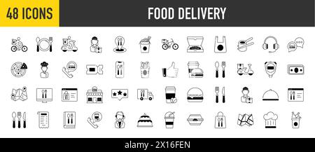Food delivery icons. Vector illustration included icon as door contactless delivering, cake, burger, dish, grocery list for fast distribution. Stock Vector