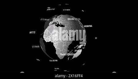 Image of globe with data processing spinning on black background Stock Photo