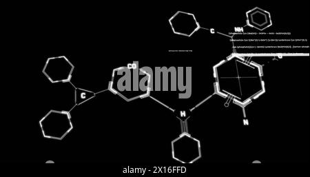 Image of chemical structures and data processing against black background Stock Photo