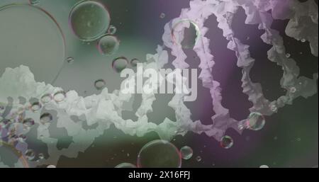 Image of bubbles over dna strand on blurred background Stock Photo