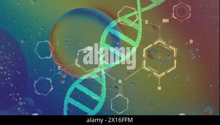 Image of bubbles over dna strand and chemical formula on colorful background Stock Photo