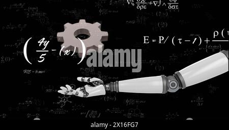 Image of cog and robot's arm over mathematical data processing Stock Photo