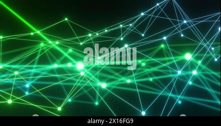 Image of network of connections with glowing nodes over black background Stock Photo